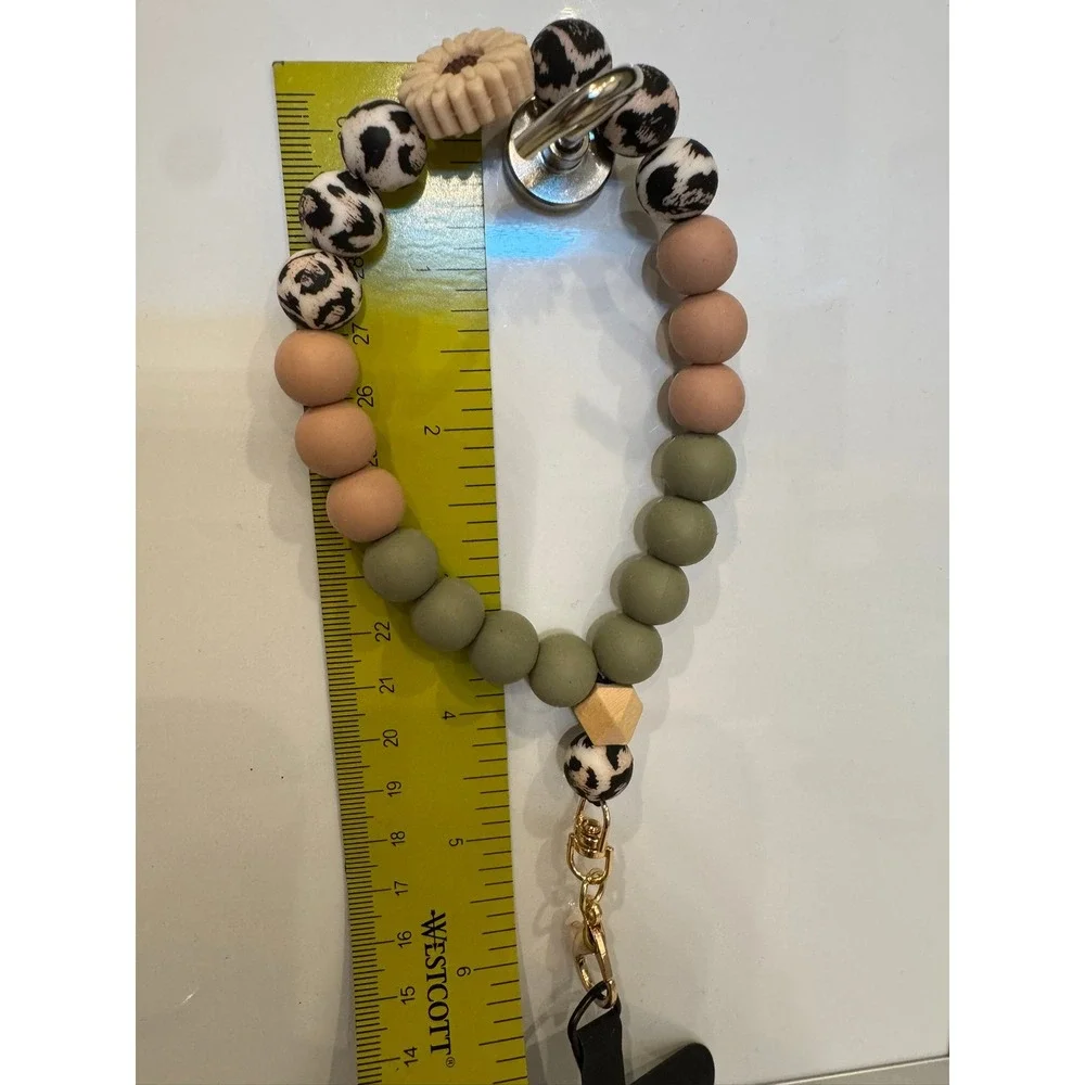 Silicone Bead Wristlet Keychain Leopard Print Sage Green Phone Tether Gold Clasp